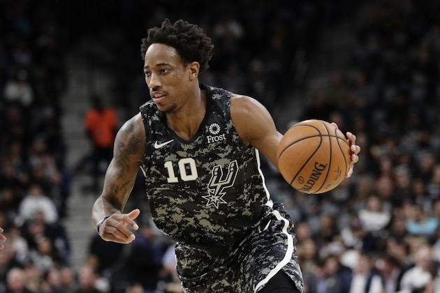 San Antonio Spurs forward DeMar DeRozan (10) during the first half of an NBA basketball game against the Memphis Grizzlies, in San Antonio, Monday, Nov. 11, 2019. (AP Photo/Eric Gay)