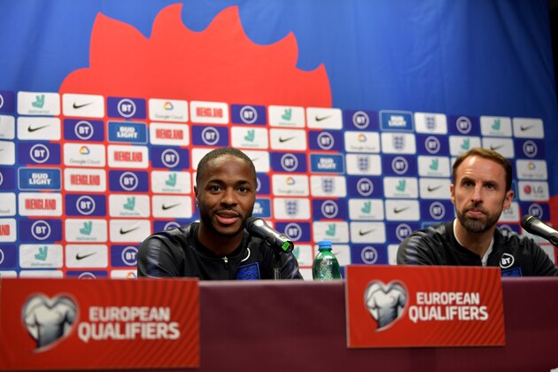 PRAGUE, CZECH REPUBLIC - OCTOBER 10: Raheem Sterling of England and manager Gareth Southgate during an England Press Conference at Sinobo Stadium on October 10, 2019 in Prague, Czech Republic. (Photo by Justin Setterfield/Getty Images)