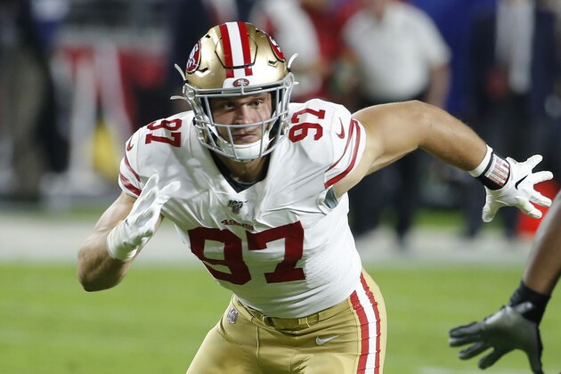 San Francisco 49ers defensive end Nick Bosa (97) during the first half of an NFL football game against the Arizona Cardinals, Thursday, Oct. 31, 2019, in Glendale, Ariz. (AP Photo/Rick Scuteri)