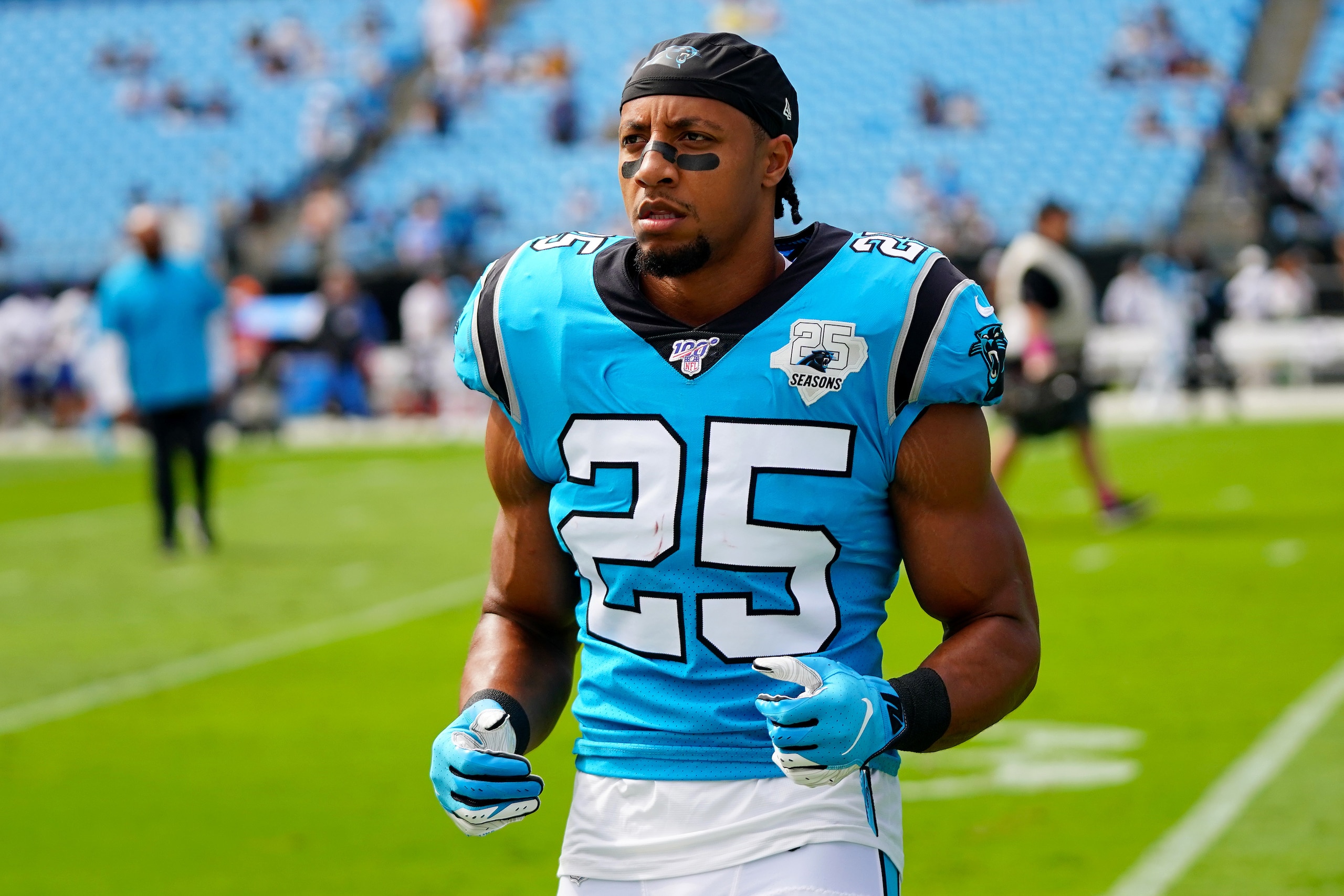 CHARLOTTE, NORTH CAROLINA - OCTOBER 06: Eric Reid #25 of the Carolina Panthers before their game against the Jacksonville Jaguars at Bank of America Stadium on October 06, 2019 in Charlotte, North Carolina. (Photo by Jacob Kupferman/Getty Images)