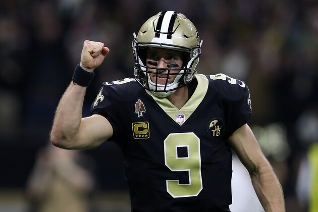 NEW ORLEANS, LOUISIANA - JANUARY 13: Drew Brees #9 of the New Orleans Saints reacts after a touchdown during the NFC Divisional Playoff at the Mercedes Benz Superdome on January 13, 2019 in New Orleans, Louisiana. (Photo by Chris Graythen/Getty Images)