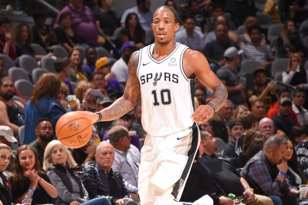 SAN ANTONIO, TX - NOVEMBER 3: DeMar DeRozan #10 of the San Antonio Spurs handles the ball against the Los Angeles Lakers on November 3, 2019 at the Toyota Center in San Antonio, Texas. NOTE TO USER: User expressly acknowledges and agrees that, by downloading and or using this photograph, User is consenting to the terms and conditions of the Getty Images License Agreement. Mandatory Copyright Notice: Copyright 2019 NBAE (Photo by Bill Baptist/NBAE via Getty Images)
