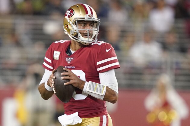 San Francisco 49ers quarterback Jimmy Garoppolo (10) against the Seattle Seahawks during an NFL football game in Santa Clara, Calif., Monday, Nov. 11, 2019. (AP Photo/Tony Avelar)