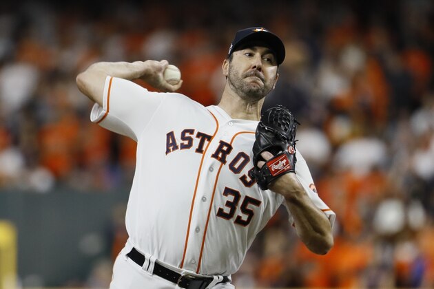Houston Astros starting pitcher Justin Verlander throws during the first inning of Game 6 of the baseball World Series against the Washington Nationals Tuesday, Oct. 29, 2019, in Houston. (AP Photo/Matt Slocum)