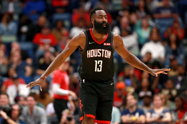 NEW ORLEANS, LOUISIANA - NOVEMBER 11: James Harden #13 of the Houston Rockets stands on the court during a NBA game against the New Orleans Pelicans at the Smoothie King Center on November 11, 2019 in New Orleans, Louisiana. NOTE TO USER: User expressly acknowledges and agrees that, by downloading and or using this photograph, User is consenting to the terms and conditions of the Getty Images License Agreement. (Photo by Sean Gardner/Getty Images)