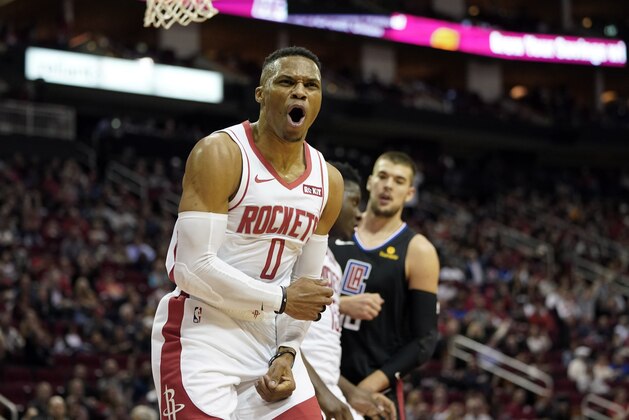 Houston Rockets' Russell Westbrook (0) yells toward an official during the second half of an NBA basketball game against the LA Clippers Wednesday, Nov. 13, 2019, in Houston. The Rockets won 102-93. (AP Photo/David J. Phillip)