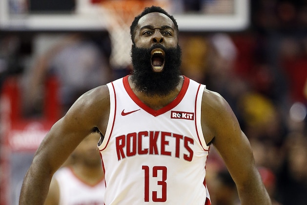 HOUSTON, TEXAS - NOVEMBER 13: James Harden #13 of the Houston Rockets reacts after hitting a three point shot against the Los Angeles Clippers during the fourth quarter at Toyota Center on November 13, 2019 in Houston, Texas. NOTE TO USER: User expressly acknowledges and agrees that, by downloading and/or using this photograph, user is consenting to the terms and conditions of the Getty Images License Agreement.  (Photo by Bob Levey/Getty Images)