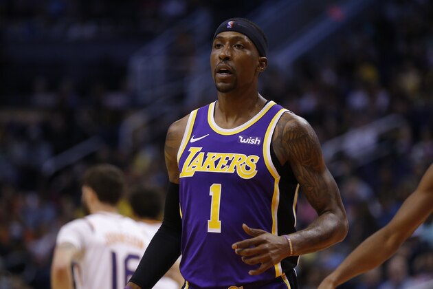 Los Angeles Lakers guard Kentavious Caldwell-Pope (1) in the first half during an NBA basketball game against the Phoenix Suns, Tuesday, Nov. 12, 2019, in Phoenix. (AP Photo/Rick Scuteri)