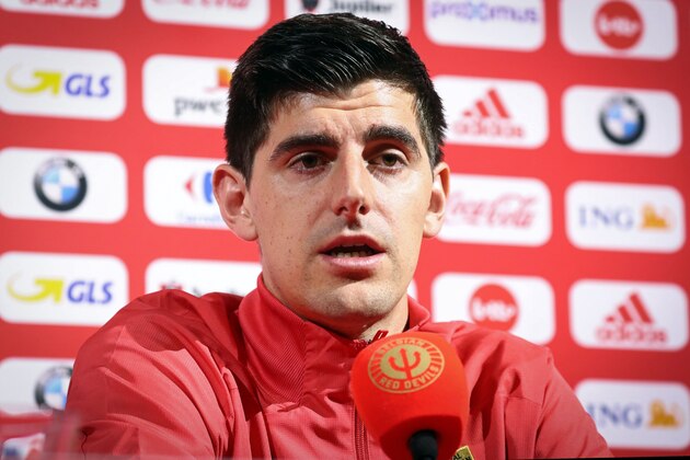 Belgium's goalkeeper Thibaut Courtois speaks during a press conference of the Belgian national soccer team, the Red Devils, on November 13, 2019 in Tubize, ahead of their upcoming UEFA Euro 2020 Qualifiers matches against Russia and Cyprus. (Photo by VIRGINIE LEFOUR / BELGA / AFP) / Belgium OUT (Photo by VIRGINIE LEFOUR/BELGA/AFP via Getty Images)