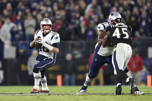 New England Patriots Tom Brady looks to pass during the first half of an NFL football game, Sunday, Nov. 3, 2019, in Baltimore. (AP Photo/Gail Burton)