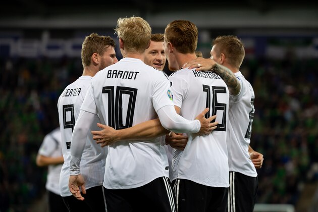 BELFAST, UNITED KINGDOM - SEPTEMBER 09: Marcel Halstenberg of Germany celebrates after scoring his team's first goal during the UEFA Euro 2020 qualifier match between Northern Ireland and Germany at Windsor Park on September 09, 2019 in Belfast, Northern Ireland. (Photo by TF-Images/Getty Images)