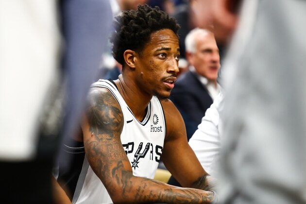 MINNEAPOLIS, MN - NOVEMBER 13: DeMar DeRozan #10 of the San Antonio Spurs looks on during a timeout against the Minnesota Timberwolves in the first quarter of the game at Target Center on November 13, 2019 in Minneapolis, Minnesota. The Timberwolves defeated the spurs 129-114. NOTE TO USER: User expressly acknowledges and agrees that, by downloading and or using this Photograph, user is consenting to the terms and conditions of the Getty Images License Agreement. (Photo by David Berding/Getty Images)
