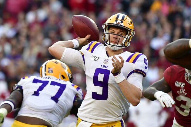 LSU quarterback Joe Burrow (9) throws a pass against Alabama an NCAA football game Sunday, Nov. 10, 2019, in Tuscaloosa , Ala. LSU won 46-41. (AP Photo/Vasha Hunt)