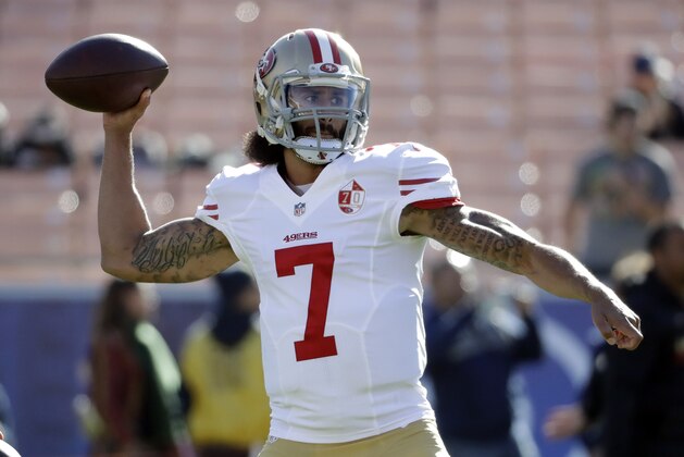 San Francisco 49ers quarterback Colin Kaepernick (7) during the first half of an NFL football game against the Los Angeles Rams, Saturday, Dec. 24, 2016, in Los Angeles. (AP Photo/Rick Scuteri)
