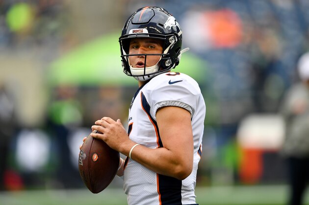 SEATTLE, WASHINGTON - AUGUST 08: Drew Lock #3 of the Denver Broncos warms up before the preseason game against the Seattle Seahawks at CenturyLink Field on August 08, 2019 in Seattle, Washington. (Photo by Alika Jenner/Getty Images)