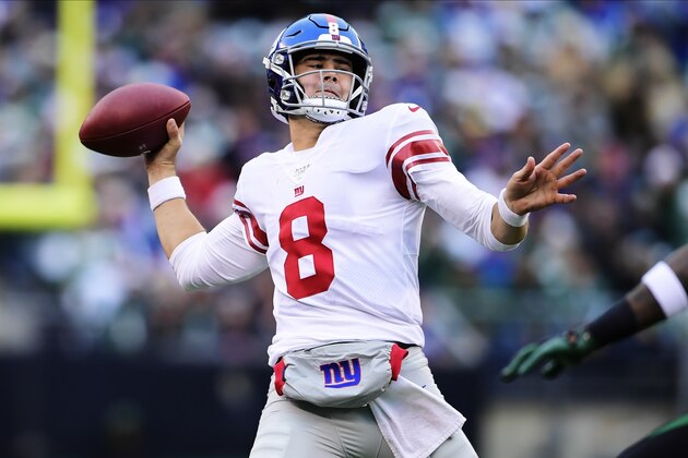 New York Giants quarterback Daniel Jones (8) throws a pass during the second half of an NFL football game against the New York Jets Sunday, Nov. 10, 2019, in East Rutherford, N.J. (AP Photo/Steven Ryan)
