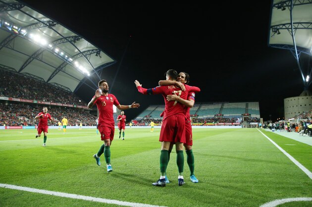 FARO, PORTUGAL - NOVEMBER 14:  Cristiano Ronaldo of Portugal and Juventus celebrates after scoring a goal during the UEFA Euro 2020 Qualifier match between Portugal and Lithuania at Estadio Algarve on November 14, 2019 in Faro, Portugal.  (Photo by Gualter Fatia/Getty Images)