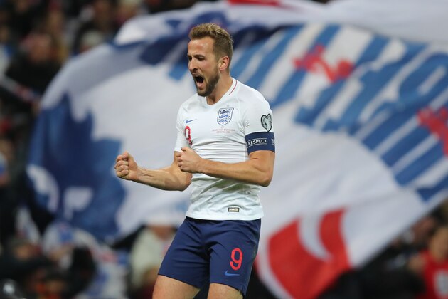 LONDON, ENGLAND - NOVEMBER 14:  Harry Kane of England	celebrates scoring their 3rd goal during the UEFA Euro 2020 qualifier between England and Montenegro at Wembley Stadium on November 14, 2019 in London, England. (Photo by Marc Atkins/Getty Images)