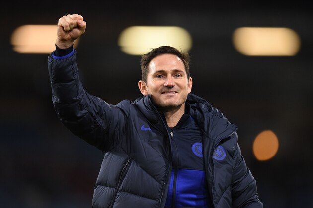 Chelsea's English head coach Frank Lampard celebrates victory at the end of the English Premier League football match between Burnley and Chelsea at Turf Moor in Burnley, north west England on October 26, 2019. (Photo by Oli SCARFF / AFP) / RESTRICTED TO EDITORIAL USE. No use with unauthorized audio, video, data, fixture lists, club/league logos or 'live' services. Online in-match use limited to 120 images. An additional 40 images may be used in extra time. No video emulation. Social media in-match use limited to 120 images. An additional 40 images may be used in extra time. No use in betting publications, games or single club/league/player publications. /  (Photo by OLI SCARFF/AFP via Getty Images)
