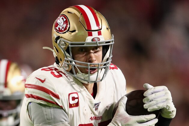GLENDALE, ARIZONA - OCTOBER 31: Tight end George Kittle #85 of the San Francisco 49ers runs with the football against the Arizona Cardinals during the first half of the NFL game at State Farm Stadium on October 31, 2019 in Glendale, Arizona. (Photo by Christian Petersen/Getty Images)