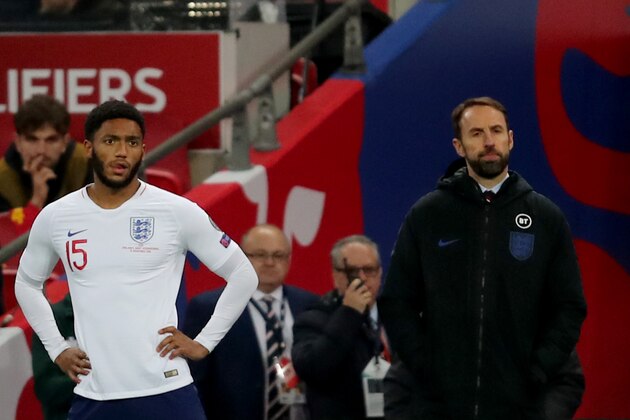 LONDON, ENGLAND - NOVEMBER 14:  Joe Gomez with England Manager Gareth Southgate during the UEFA Euro 2020 qualifier between England and Montenegro at Wembley Stadium on November 14, 2019 in London, England. (Photo by Marc Atkins/Getty Images)