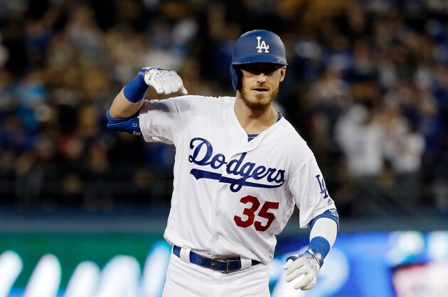 Los Angeles Dodgers' Cody Bellinger (35) celebrates a home run during a baseball game against the San Diego Padres Tuesday, May 14, 2019, in Los Angeles. (AP Photo/Marcio Jose Sanchez)