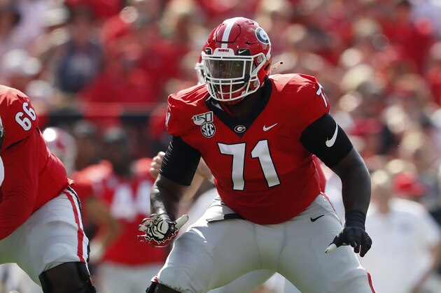 Georgia offensive lineman Andrew Thomas (71) is shown in action during the first half of an NCAA college football game against the Murray State Saturday, Sept. 7, 2019, in Athens, Ga. (AP Photo/John Bazemore) Georgia offensive lineman Andrew Thomas (71) is shown in action during the first half of an NCAA college football game against the Murray State Saturday, Sept. 7, 2019, in Athens, Ga. (AP Photo/John Bazemore)