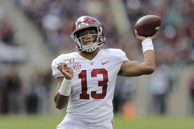 Alabama quarterback Tua Tagovailoa (13) passes down field against Texas A&M during the second half of an NCAA college football game, Saturday, Oct. 12, 2019, in College Station, Texas. (AP Photo/Sam Craft)