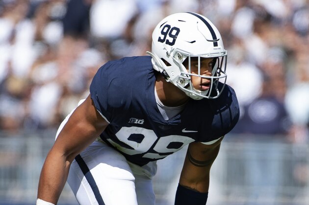 Penn State defensive end Yetur Gross-Matos (99) in action against Purdue during an NCAA college football game in State College, Pa., on Saturday, Oct. 5, 2019. (AP Photo/Barry Reeger)