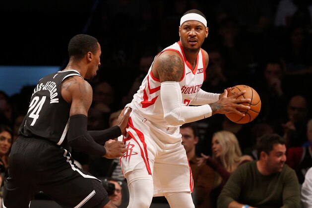 BROOKLYN, NY - NOVEMBER 02:  (NEW YORK DAILIES OUT)    Carmelo Anthony #7 of the Houston Rockets in action against the Brooklyn Nets at Barclays Center on November 2, 2018 in the Brooklyn borough of New York City.  The Rockets defeated the Nets 119-111. NOTE TO USER: User expressly acknowledges and agrees that, by downloading and/or using this photograph, user is consenting to the terms and conditions of the Getty Images License Agreement.  (Photo by Jim McIsaac/Getty Images)