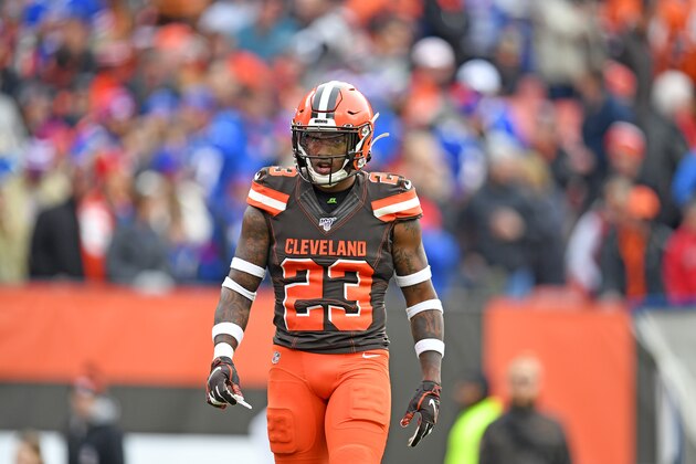 CLEVELAND, OHIO - NOVEMBER 10: Free safety Damarious Randall #23 of the Cleveland Browns walks back to the huddle during the first half against the Buffalo Bills at FirstEnergy Stadium on November 10, 2019 in Cleveland, Ohio. (Photo by Jason Miller/Getty Images)