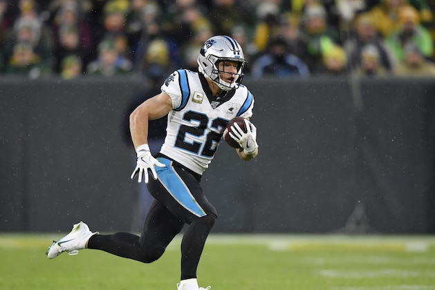 GREEN BAY, WISCONSIN - NOVEMBER 10: Christian McCaffrey #22 of the Carolina Panthers runs with the football against the Green Bay Packers at Lambeau Field on November 10, 2019 in Green Bay, Wisconsin. (Photo by Quinn Harris/Getty Images)