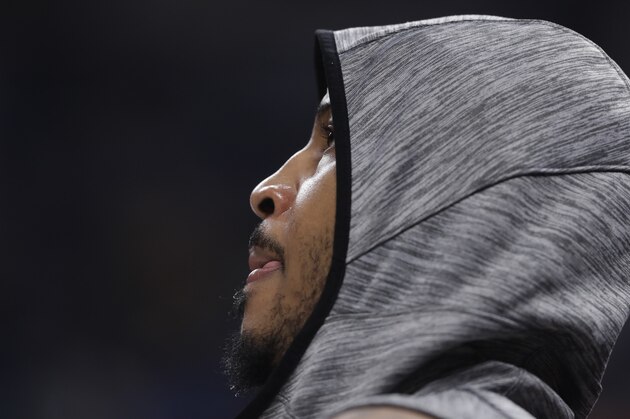 Houston Rockets' Carmelo Anthony watches during the first half of an NBA basketball game against the Indiana Pacers, Monday, Nov. 5, 2018, in Indianapolis. (AP Photo/Darron Cummings)