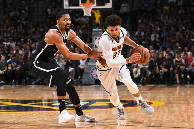 DENVER, CO - NOVEMBER 14: Jamal Murray #27 of the Denver Nuggets handles the ball against the Brooklyn Nets on November 14, 2019 at the Pepsi Center in Denver, Colorado. NOTE TO USER: User expressly acknowledges and agrees that, by downloading and/or using this Photograph, user is consenting to the terms and conditions of the Getty Images License Agreement. Mandatory Copyright Notice: Copyright 2019 NBAE (Photo by Garrett Ellwood/NBAE via Getty Images)