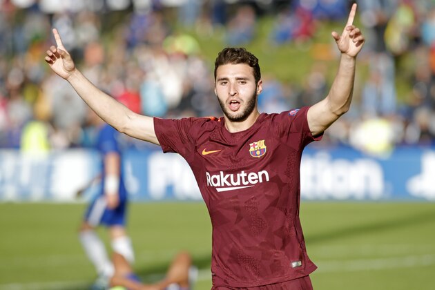 NYON, SWITZERLAND - APRIL 23: Abel Ruiz of Barcelona celebrates after scoring his team`s third goal during the UEFA Youth League Final match between Chelsea FC and FC Barcelona at Colovray Sports Centre on April 23, 2018 in Nyon, Switzerland. (Photo by TF-Images/Getty Images)