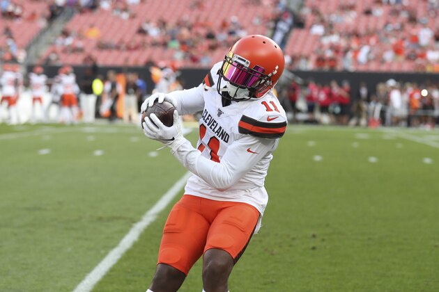 Cleveland Browns wide receiver Antonio Callaway (11) warms up before an NFL preseason football game against the Washington Redskins, Thursday, Aug. 8, 2019, in Cleveland. (AP Photo/Ron Schwane)