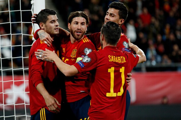 , SPAIN - NOVEMBER 15: (L-R) Alvaro Morata of Spain celebrates 1-0 with Sergio Ramos of Spain, Pablo Sarabia of Spain, Rodri of Spain during the  EURO Qualifier match between Spain  v Malta  on November 15, 2019 (Photo by David S. Bustamante/Soccrates/Getty Images)
