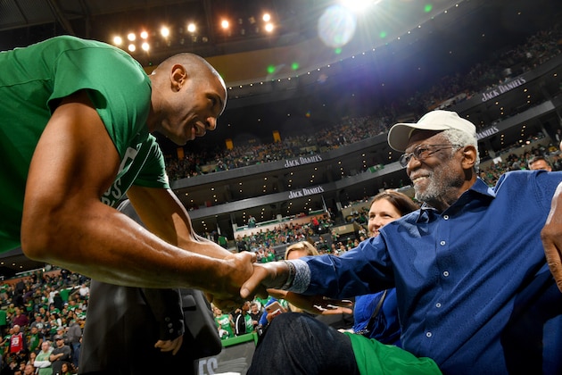 BOSTON, MA - APRIL 28: Al Horford #42 of the Boston Celtics shakes hands with Bill Russell during the game against the Philadelphia 76ers in Game One of the Eastern Conference Semifinals of the 2018 NBA Playoffs on April 30, 2018 at the TD Garden in Boston, Massachusetts. NOTE TO USER: User expressly acknowledges and agrees that, by downloading and or using this photograph, User is consenting to the terms and conditions of the Getty Images License Agreement. Mandatory Copyright Notice: Copyright 2018 NBAE (Photo by Jesse D. Garrabrant/NBAE via Getty Images)