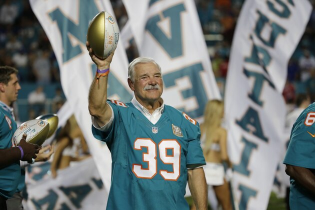 FILE - This Dec. 14, 2015 file photo shows former Miami Dolphins player Larry Csonka during the Dolphins All-Time 50th Anniversary Team ceremony in Miami Gardens, Fla.  Csonka says the Miami Dolphins' quarterback reminds him of the one they made in 1972 _ their perfect season. Not that the Dolphins are undefeated, but they may again be playoff-bound with a backup QB.  (AP Photo/Wilfredo Lee)