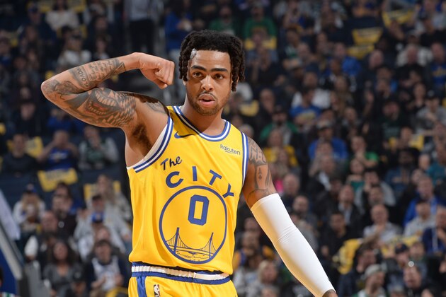 SAN FRANCISCO, CA - NOVEMBER 15: D'Angelo Russell #0 of the Golden State Warriors reacts to a play against the Boston Celtics on November 15, 2019 at Chase Center in San Francisco, California. NOTE TO USER: User expressly acknowledges and agrees that, by downloading and or using this photograph, user is consenting to the terms and conditions of Getty Images License Agreement. Mandatory Copyright Notice: Copyright 2019 NBAE (Photo by Noah Graham/NBAE via Getty Images)