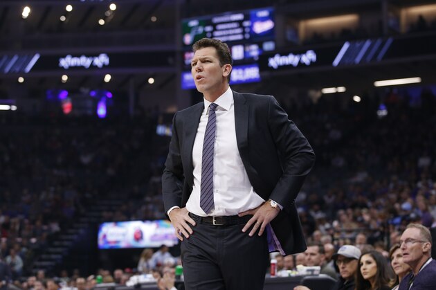 In this photo taken Friday Nov. 1, 2019 Sacramento Kings head coach Luke Walton watches the action during the first quarter of an NBA basketball game against the Utah Jazz in Sacramento, Calif. The Kings won 102-101. (AP Photo/Rich Pedroncelli)