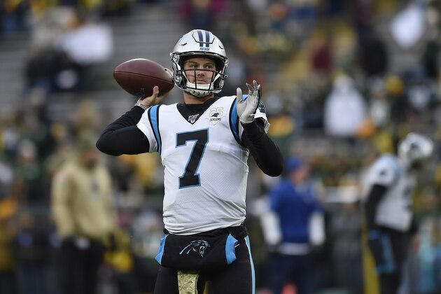 GREEN BAY, WISCONSIN - NOVEMBER 10: Kyle Allen #7 of the Carolina Panthers warms up before the game against the Green Bay Packers at Lambeau Field on November 10, 2019 in Green Bay, Wisconsin. (Photo by Quinn Harris/Getty Images)