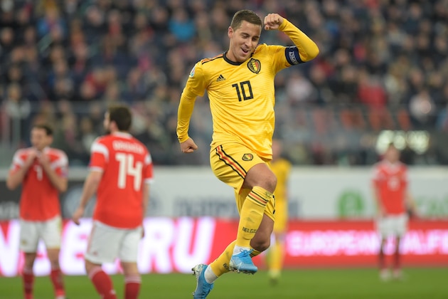 Belgium's forward Eden Hazard celebrates after scoring a goal during the Euro 2020 football qualification match between Russia and Belgium at the Gazprom Arena in Saint Petersburg on November 16, 2019. (Photo by Olga MALTSEVA / AFP) (Photo by OLGA MALTSEVA/AFP via Getty Images)