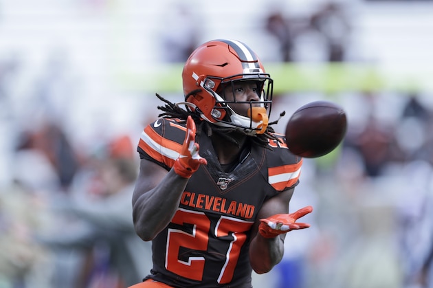 Cleveland Browns running back Kareem Hunt warms-up before an NFL football game between the Buffalo Bills and the Cleveland Browns, Sunday, Nov. 10, 2019, in Cleveland. (AP Photo/Ron Schwane)