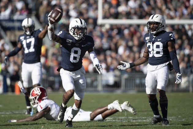 Penn State cornerback Marquis Wilson (8) celebrates after recovering a fumble by Indiana wide receiver Whop Philyor (1) in the second quarter of an NCAA college football game in State College, Pa., on Saturday, Nov.16, 2019. (AP Photo/Barry Reeger)