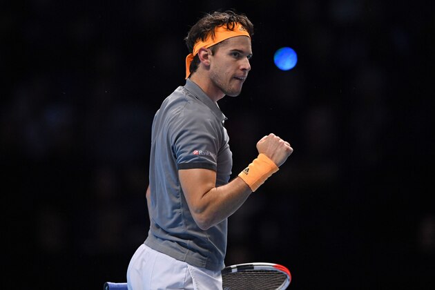 Austria's Dominic Thiem reacts against Germany's Alexander Zverev during the men's singles semi-final match on day seven of the ATP World Tour Finals tennis tournament at the O2 Arena in London on November 16, 2019. (Photo by Daniel LEAL-OLIVAS / AFP) (Photo by DANIEL LEAL-OLIVAS/AFP via Getty Images)