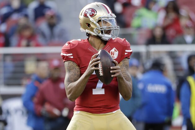 San Francisco 49ers quarterback Colin Kaepernick (7) against the Seattle Seahawks during the first half of an NFL football game in Santa Clara, Calif., Sunday, Jan. 1, 2017. (AP Photo/Marcio Jose Sanchez)
