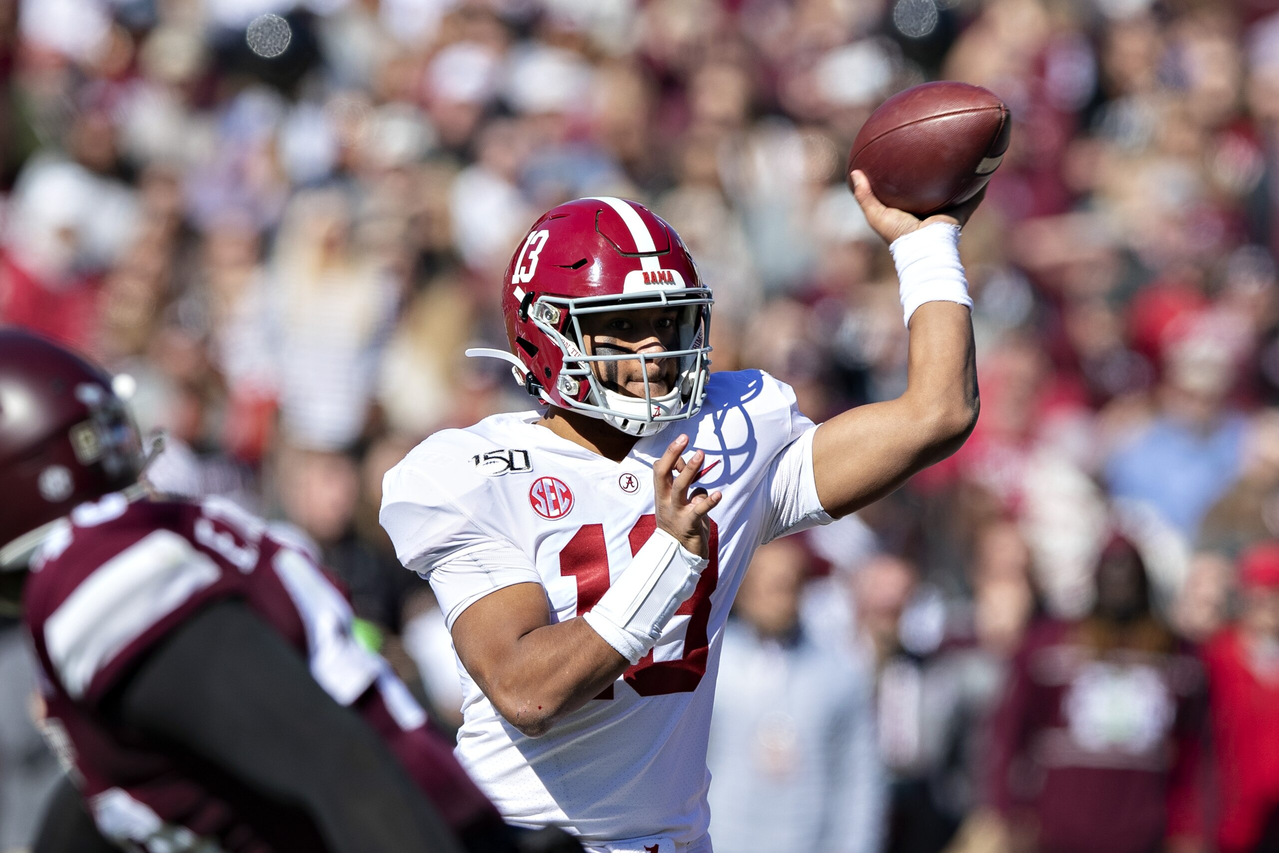 FAYETTEVILLE, AR - NOVEMBER 9: Tua Tagovailoa #13 of the Alabama Crimson Tide throws a pass in the first half of a game against the Mississippi State Bulldogs at Davis Wade Stadium on November 16, 2019 in Starkville, Mississippi. (Photo by Wesley Hitt/Getty Images) FAYETTEVILLE, AR - NOVEMBER 9: Tua Tagovailoa #13 of the Alabama Crimson Tide throws a pass in the first half of a game against the Mississippi State Bulldogs at Davis Wade Stadium on November 16, 2019 in Starkville, Mississippi. (Photo by Wesley Hitt/Getty Images)