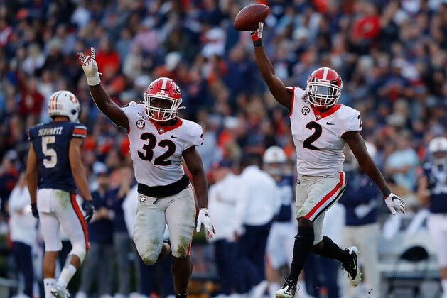 AUBURN, ALABAMA - NOVEMBER 16:  Richard LeCounte #2 of the Georgia Bulldogs reacts after recovering a fumble by Bo Nix #10 of the Auburn Tigers in the first half at Jordan-Hare Stadium on November 16, 2019 in Auburn, Alabama. (Photo by Kevin C. Cox/Getty Images)