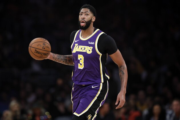 Los Angeles Lakers' Anthony Davis (3) during the first half of an NBA basketball game against the Miami Heat Friday, Nov. 8, 2019, in Los Angeles. (AP Photo/Marcio Jose Sanchez)